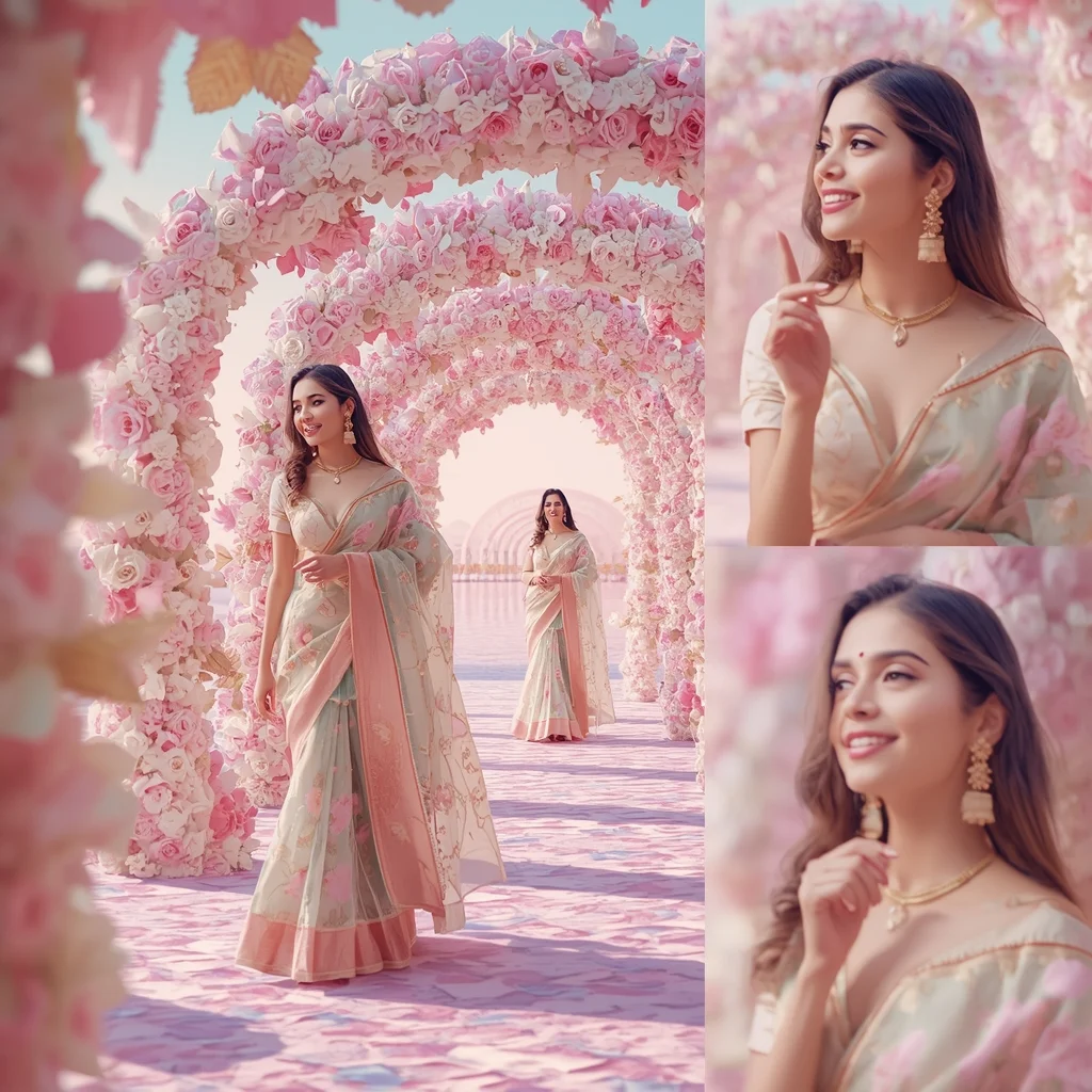 Festive Pastel Saree Floral Dome Collage | Indian Girl Bloom Depth Aesthetic Soft Cinematic Viral Prompt | Gemini Saree Prompt For Instagram