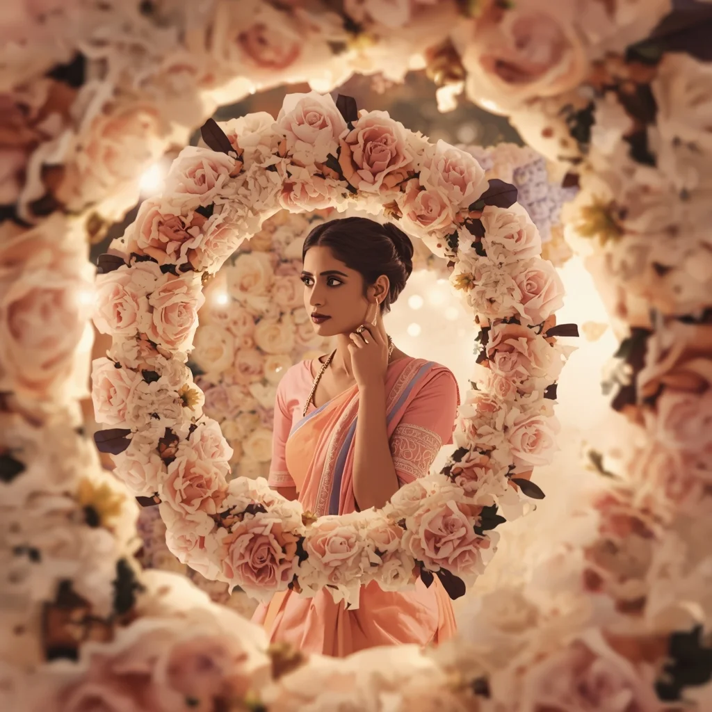Festive Pastel Saree Floral Spiral Collage | Indian Girl Bloom Depth Aesthetic Soft Cinematic Viral Prompt | Saree Instagram Ai Prompt