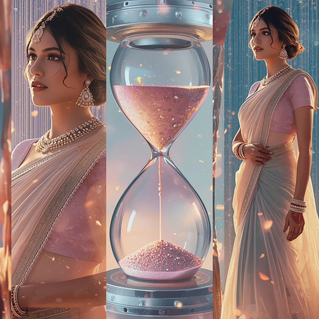 Festive Pastel Saree Giant Crystal Hourglass Eating Star Sand Collage | Time Sand Prompt | Saree Couple Ai Prompt