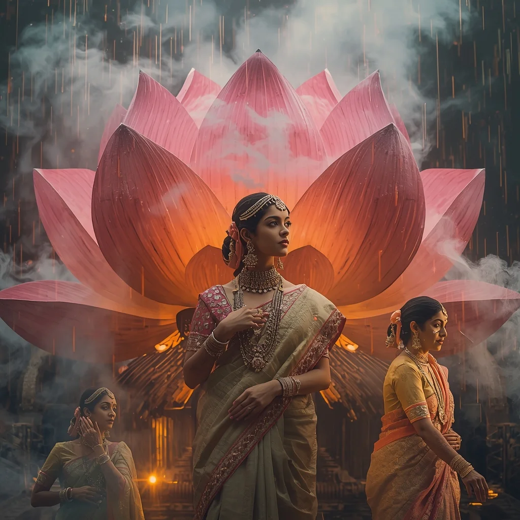 Festive Pastel Saree Giant Mecha-Lotus Steam-Rain Collage | Steampunk Flora Cinematic | Best Ai Prompt 2026