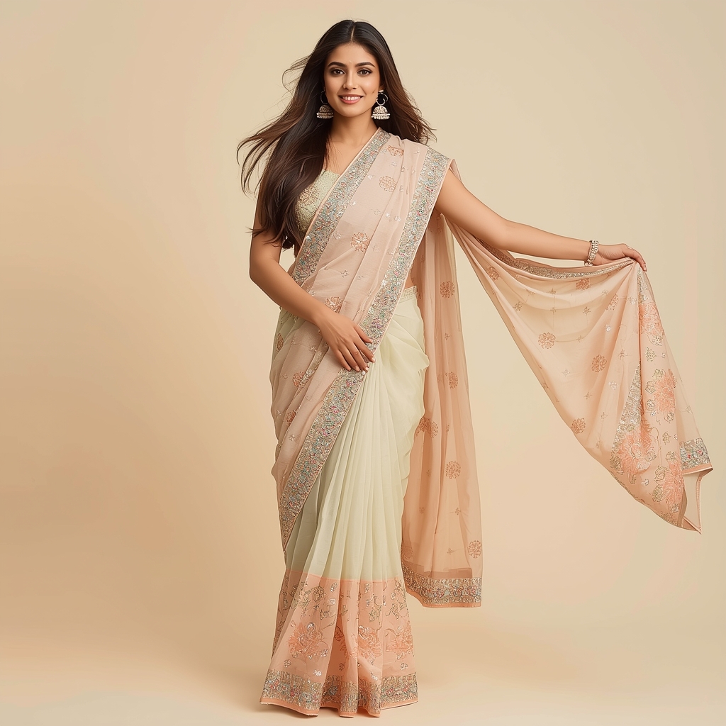 Festive Pastel Saree Girl Dupatta Side Spread Flow Pose | Festive Saree Free Ai Prompt
