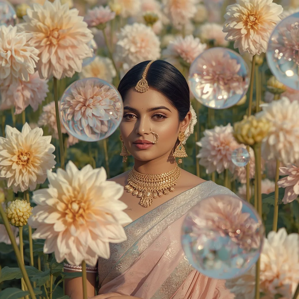 Festive Pastel Saree Glass Dahlia Reflection Field Collage Premium Cinematic | Instagram Girl Gemini Prompt