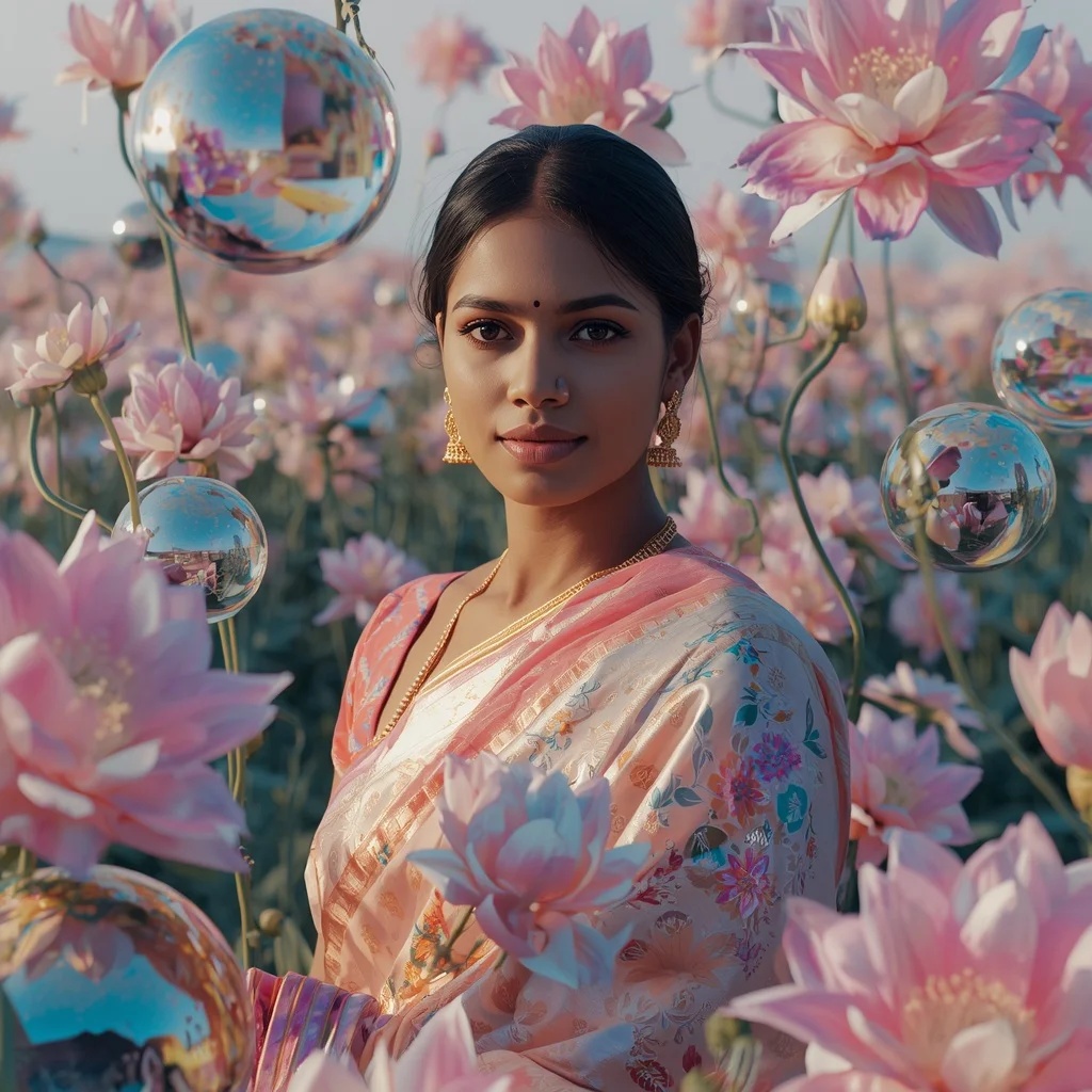 Festive Pastel Saree Glass Gardenia Reflection Field Collage Premium Cinematic | Ai Gemini Photo Prompt