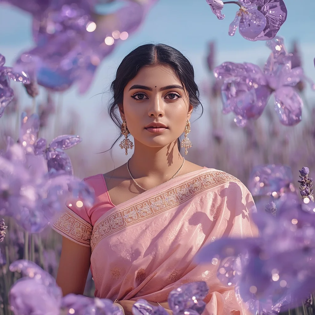 Festive Pastel Saree Glass Lavender Reflection Field Collage Premium Cinematic | Attitude Ai Prompt