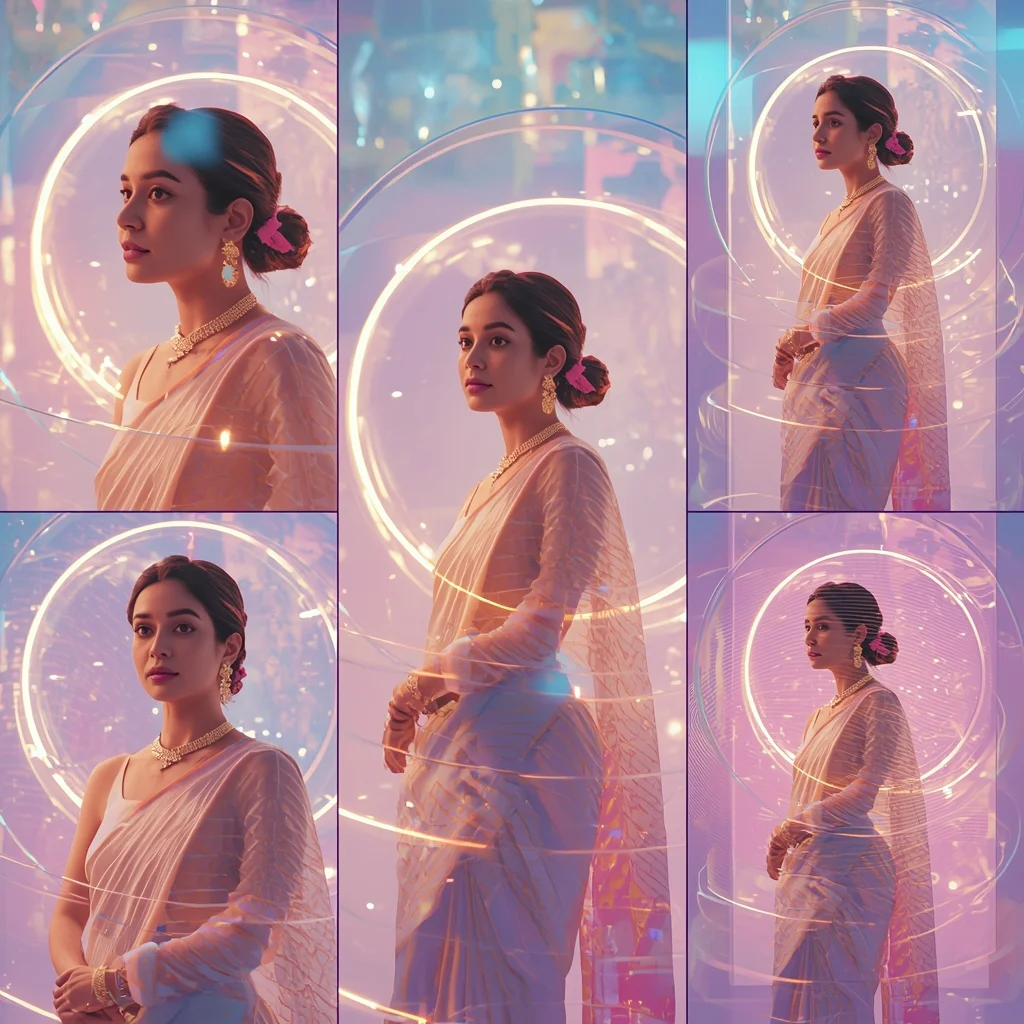 Festive Pastel Saree Glass Shine Pulse Orbit Flow Collage | Saree Trending Ai Prompt