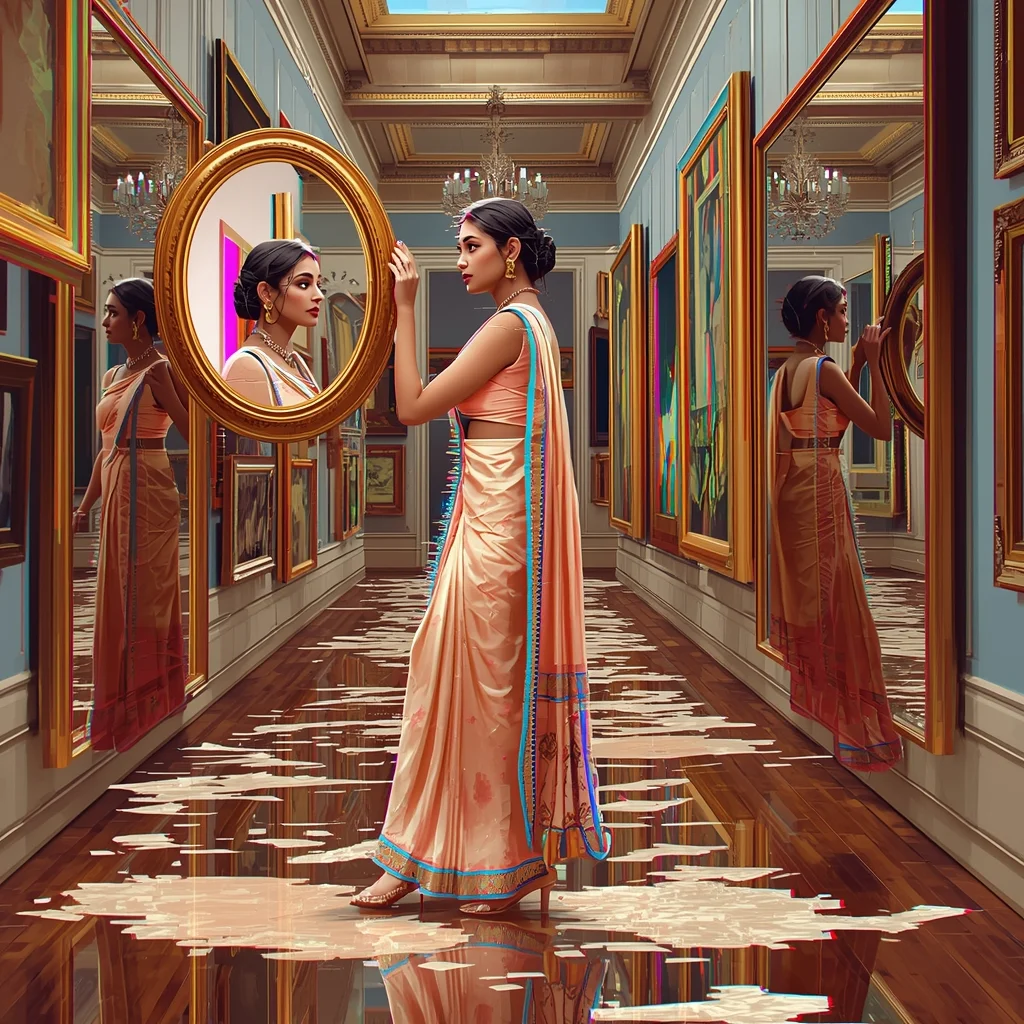 Festive Pastel Saree Glitch Art Renaissance Mirror Collage | Digital Oil Paint Premium Prompt | Indian Girl Saree Ai Prompt 4k Realistic
