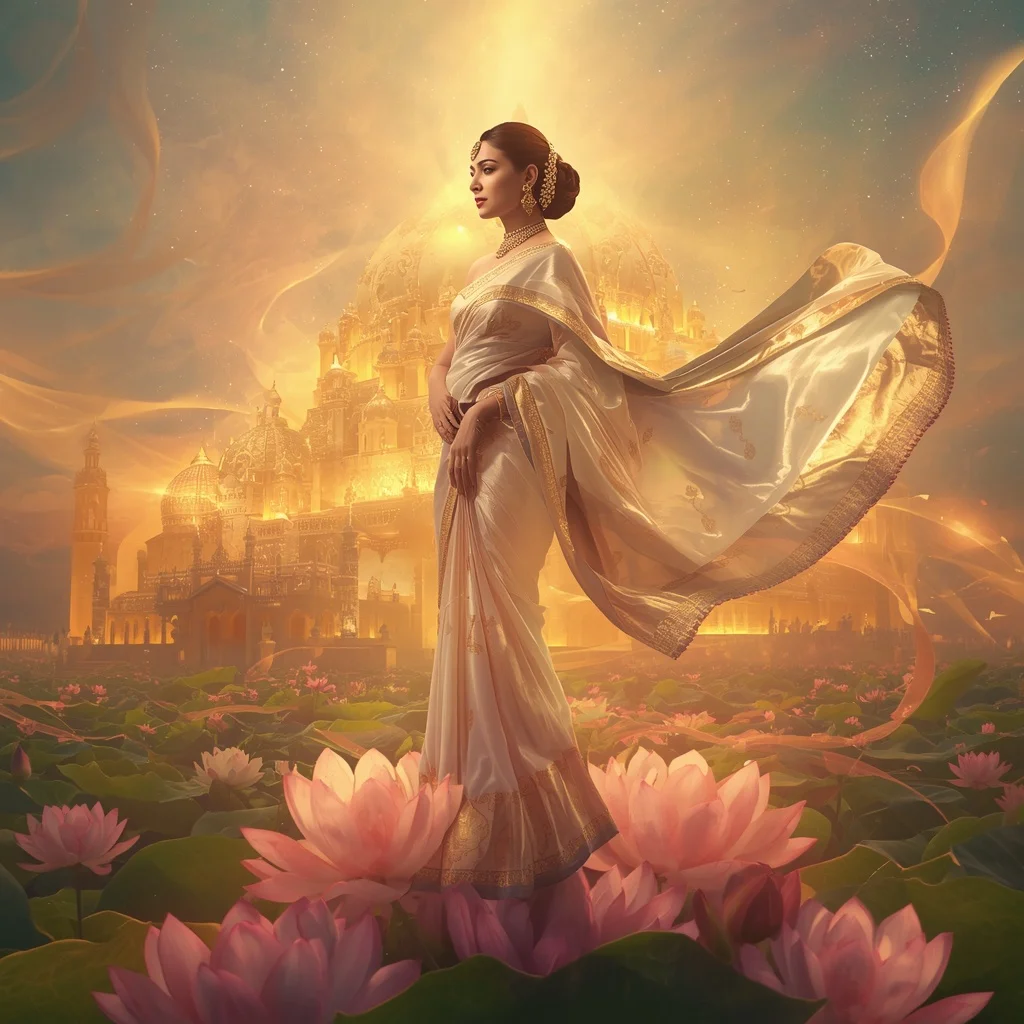 Festive Pastel Saree Golden Aurora Lotus Citadel Collage | New Instagram Trend Prompt For Girl Copy And Paste