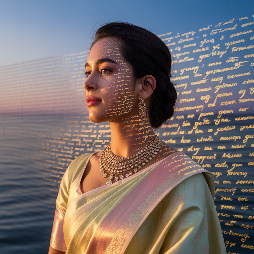 Festive Pastel Saree Golden Ink Script Horizon Collage | Written Cosmos Empress Prompt | Saree Whatsapp Dp Ai Prompt