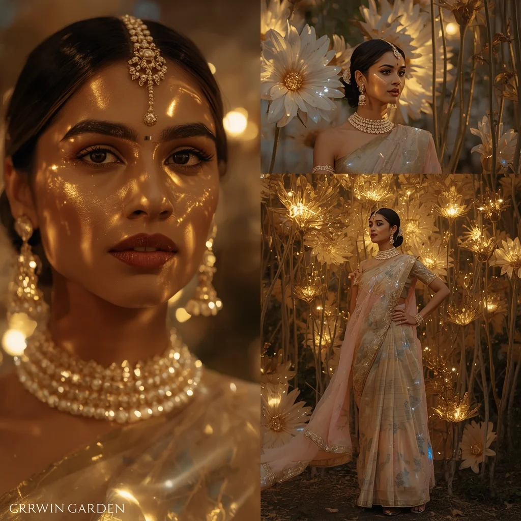 Festive Pastel Saree Golden Nebula Crown Garden Collage | Whatsapp Dp Ai Prompt