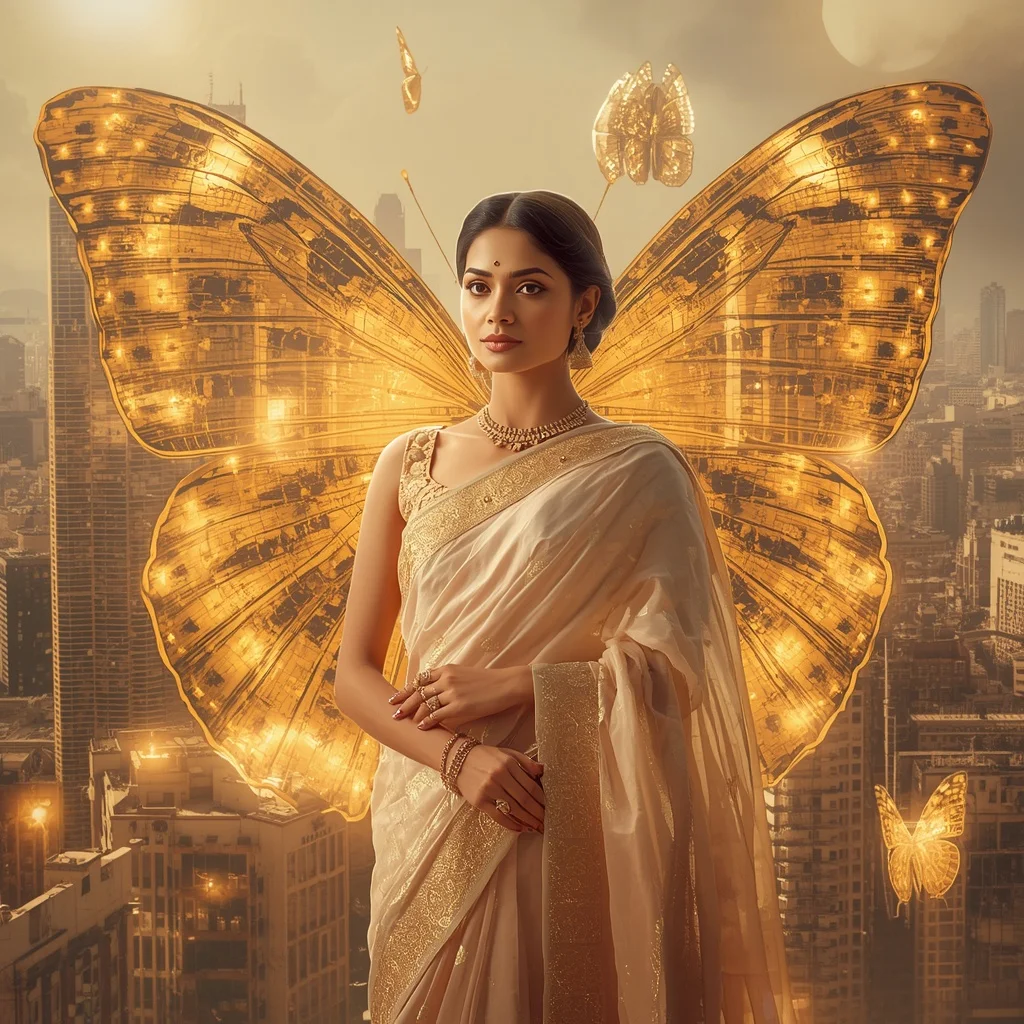 Festive Pastel Saree Golden Solar Butterfly Megacity Collage | Luxury Ai Prompt