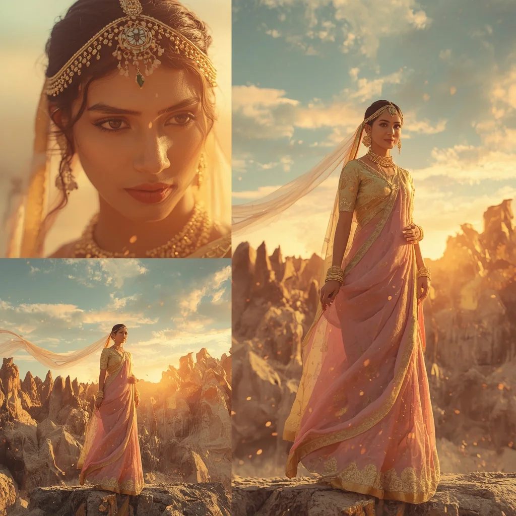 Festive Pastel Saree Golden Solar Crown Mountain Collage | Prompt Ai For Girl Instagram