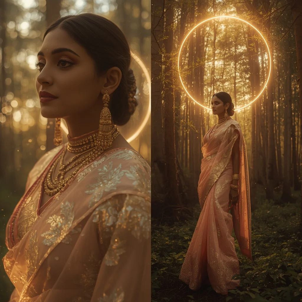 Festive Pastel Saree Golden Solar Halo Forest Collage | Desi Girl Ai Prompt