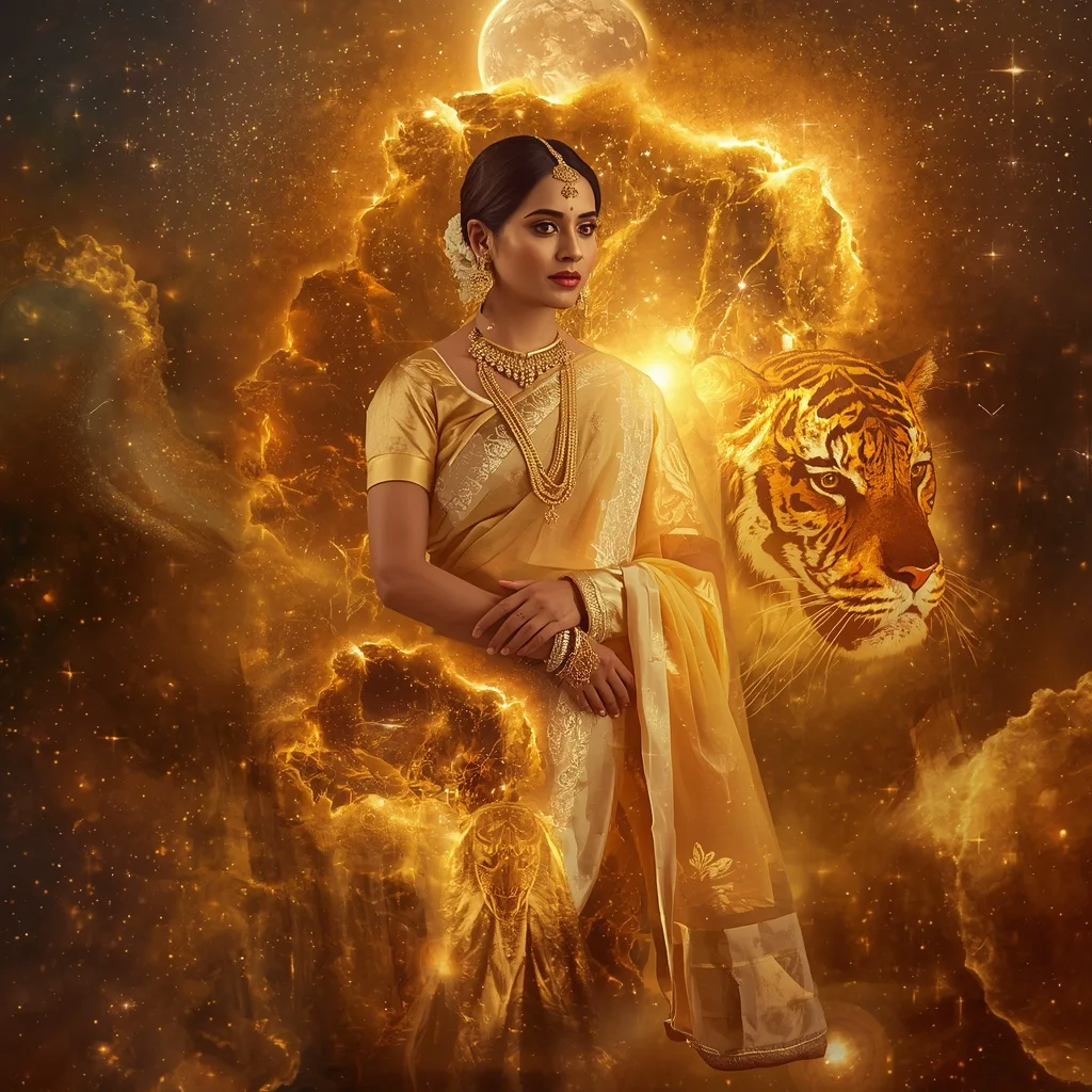 Festive Pastel Saree Golden Solar Tiger Nebula Collage | Art Ai Prompt