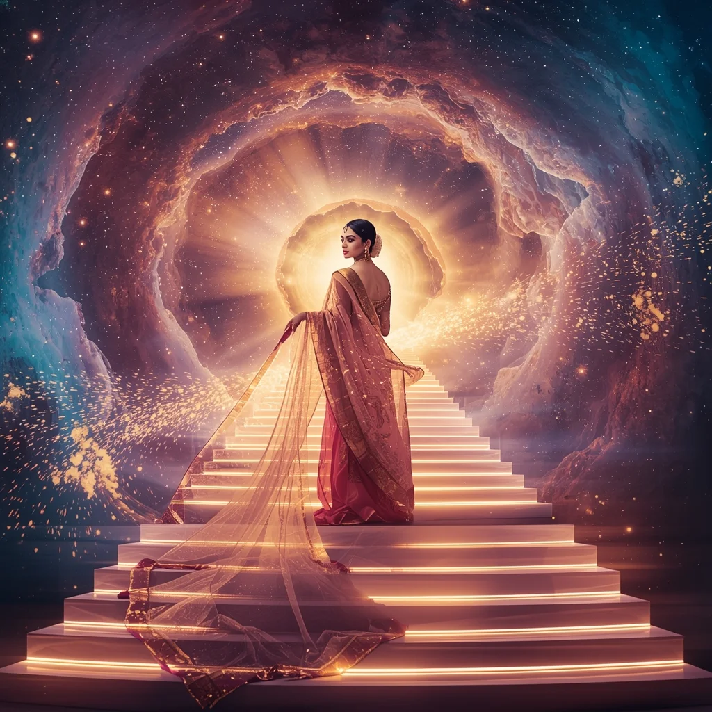 Festive Pastel Saree Grand Infinite Cosmic Staircase Collage | Majestic Nebula Prompt | Saree Pose Ai Prompt