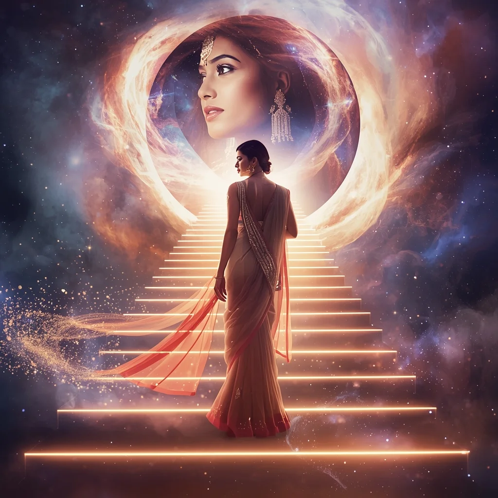 Festive Pastel Saree Grand Infinite Cosmic Staircase Collage | Majestic Nebula Prompt | Saree Prompt For Gemini Ai