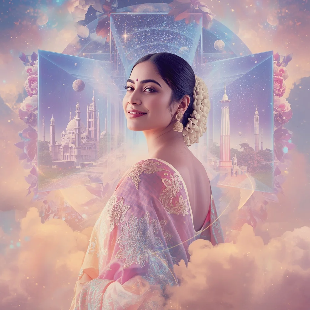 Festive Pastel Saree Halo Bloom Celestial Dream Kingdom Collage Cinematic | Modern Design Ai Prompt