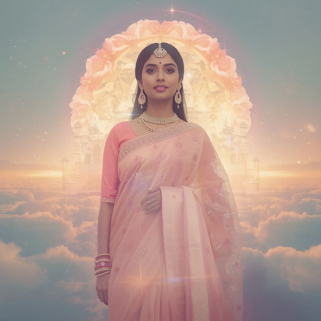 Festive Pastel Saree Halo Bloom Celestial Dreamscape Collage Cinematic | Indian Girl Ai Prompt