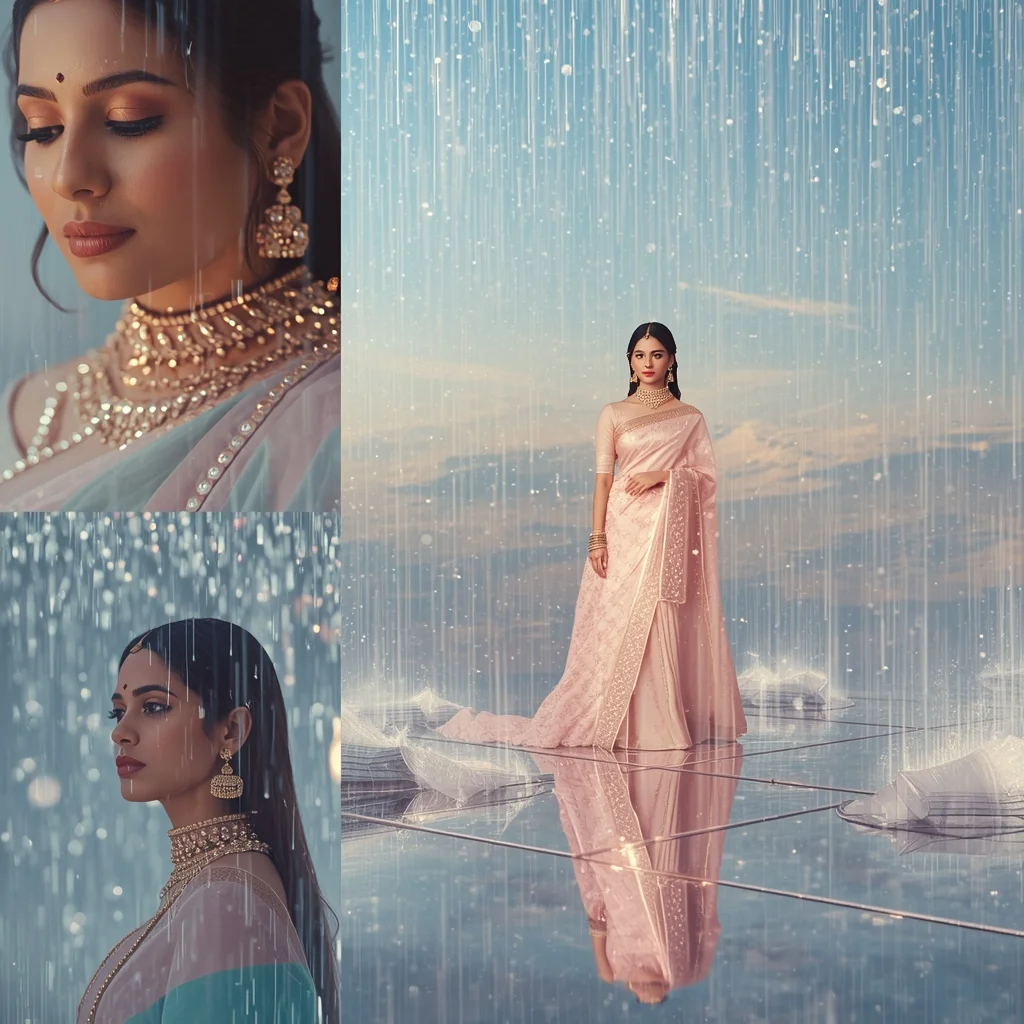 Festive Pastel Saree Heavenly Celestial Mirror Island Collage | Enchanted Crystal Rain Prompt | Saree Photo Ai Prompt