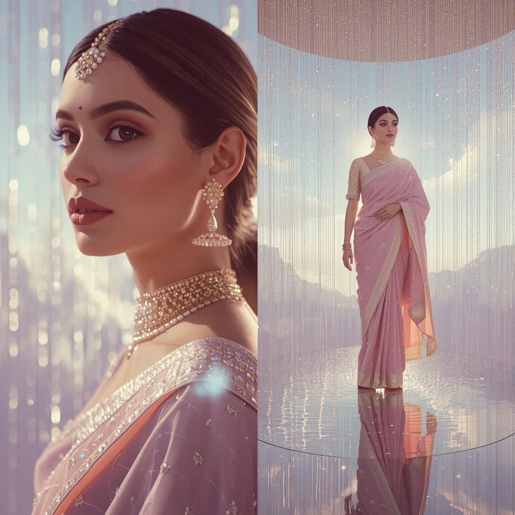Festive Pastel Saree Heavenly Celestial Mirror Island Collage | Enchanted Crystal Rain Prompt | Saree Photoshoot Prompt Ultra Realistic
