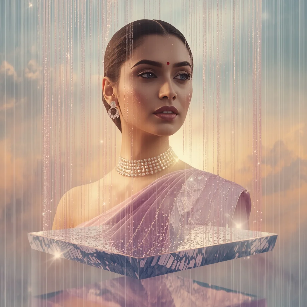 Festive Pastel Saree Heavenly Celestial Mirror Island Collage | Enchanted Crystal Rain Prompt | Saree Prompt For Instagram
