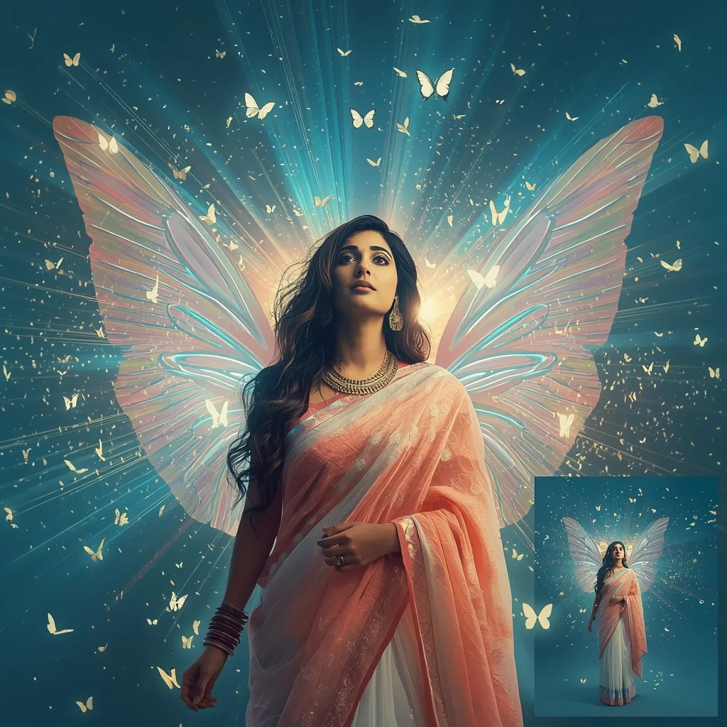 Festive Pastel Saree Holographic Butterfly Energy Burst Collage | Dream Motion Prompt | Art Ai Prompt