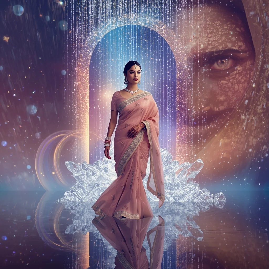 Festive Pastel Saree Holographic Crystal Rain Magnetic Waterfall Portal Collage | Dream Realm Symphony Prompt | Gemini Saree Prompt For Instagram