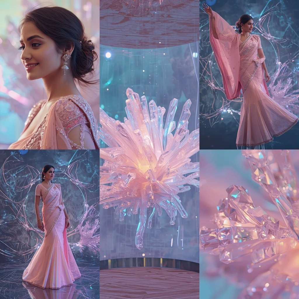 Festive Pastel Saree Holographic Crystal Reef Collage Premium Cinematic | Retro Style Prompt For Gemini Girl In Saree Instagram