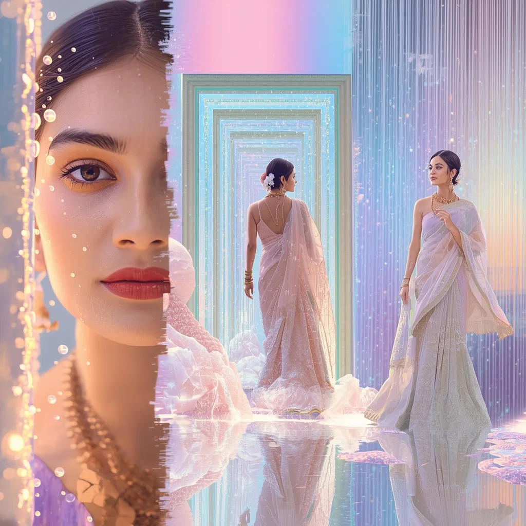 Festive Pastel Saree Holographic Crystal Waterfall Prism Portal Mirror Island Collage | Ultimate Dream Realm Prompt | Saree Prompt For Girls