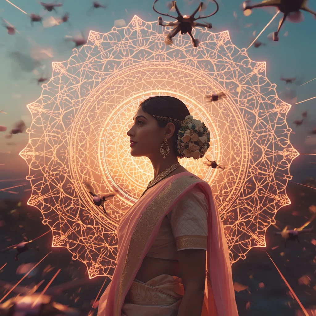 Festive Pastel Saree Holographic Cyber-Mandala Drone Swarm Collage Modern Cinematic | Gemini Saree Prompt Text