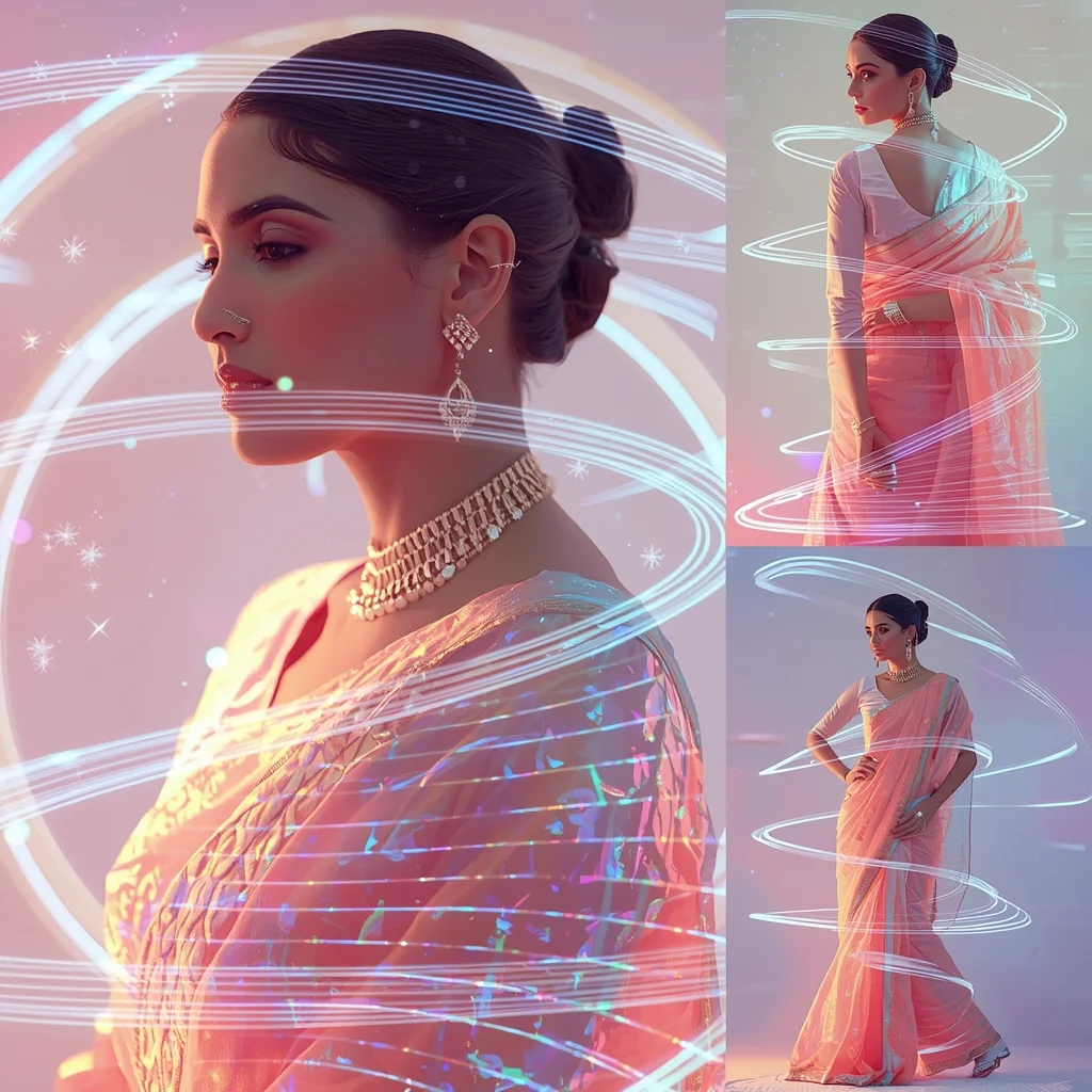Festive Pastel Saree Holographic Pulse Orbit Glow Flow Collage | Saree Look Ai Prompt