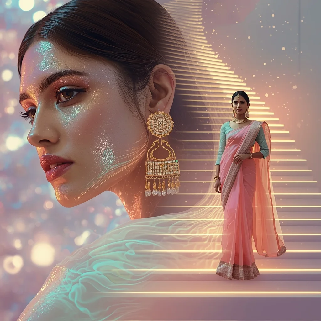 Festive Pastel Saree Holographic Ripple Quantum Energy Core Infinite Vortex Stair Collage | Supreme Motion Glow Prompt | Saree Prompt