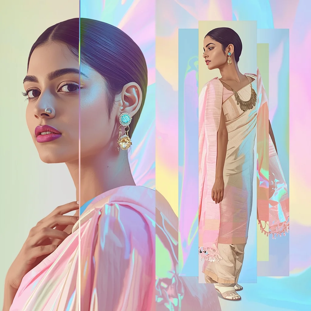 Festive Pastel Saree Holographic Spectrum Pulse Orbit Flow Collage | Saree Selfie Ai Prompt