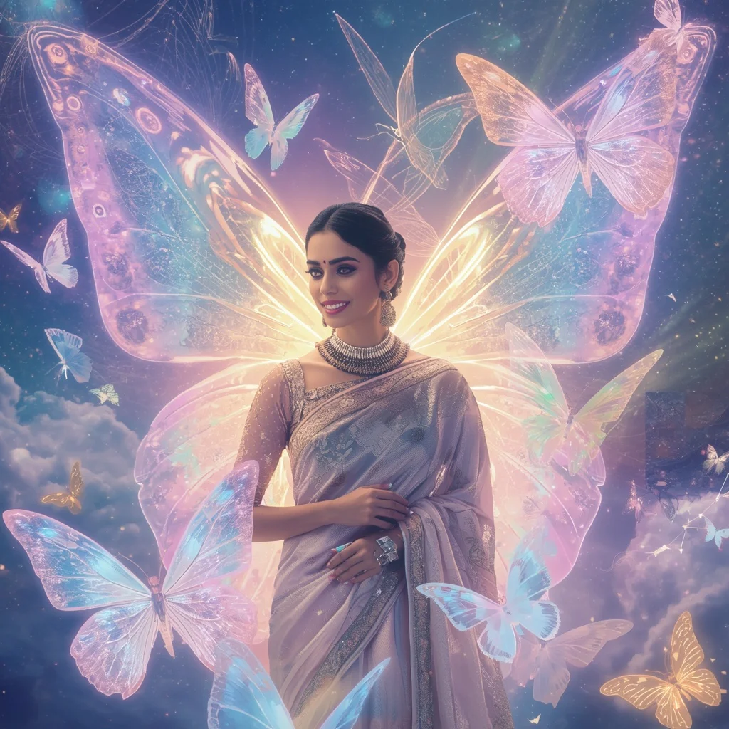 Festive Pastel Saree Holographic Starlight Butterfly Realm Collage Modern Cinematic | Prompt For Gemini AI Girl Style Trending Instagram