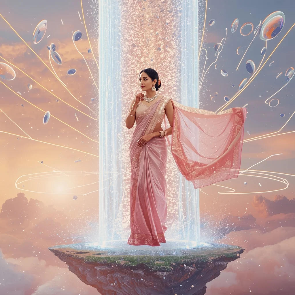 Festive Pastel Saree Holographic Waterfall Portal Ring Collage | Dream Fusion Prompt | Prompt For Gemini Ai Girl Modern Saree