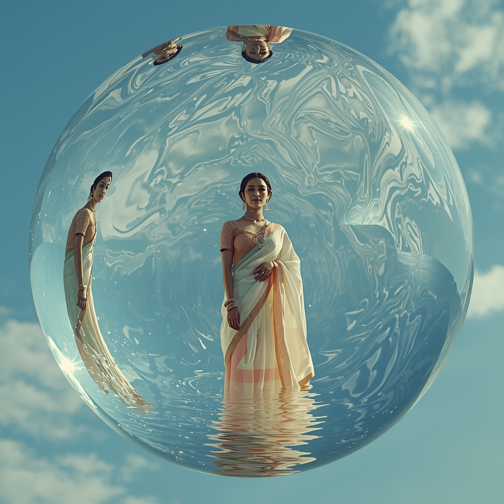 Festive Pastel Saree Hyper Reflection Water Sphere Collage | Liquid Mirror Luxury Prompt | Modern Saree Ai Prompt