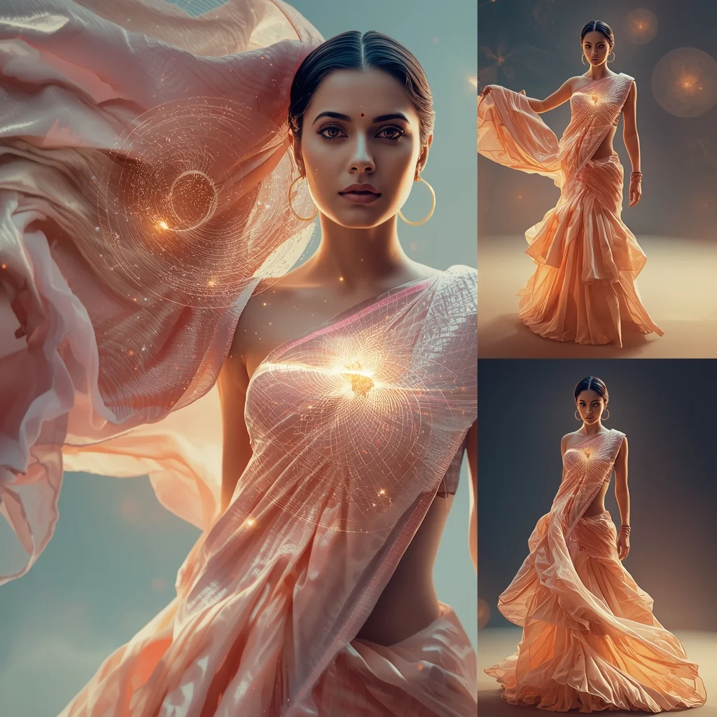 Festive Pastel Saree Hypnotic Ripple Vortex Energy Core Collage | Mesmerizing Glow Prompt | Bridal Saree Ai Prompt