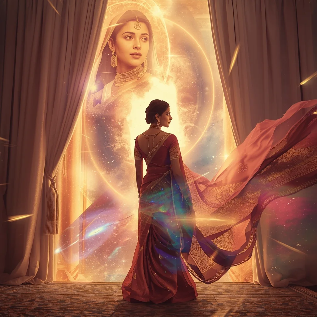 Festive Pastel Saree Imperial Cosmic Curtain Galaxy Burst Collage | Regal Symphony Prompt | Saree Ai Prompt Copy Paste For Gemini