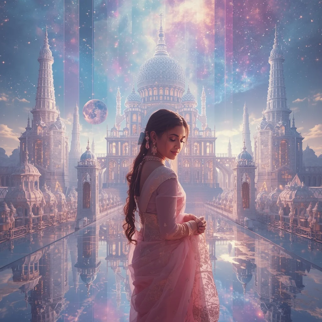 Festive Pastel Saree Infinite Celestial Crystal Dynasty Universe Collage Premium | Gemini Ai Prompt Copy Paste