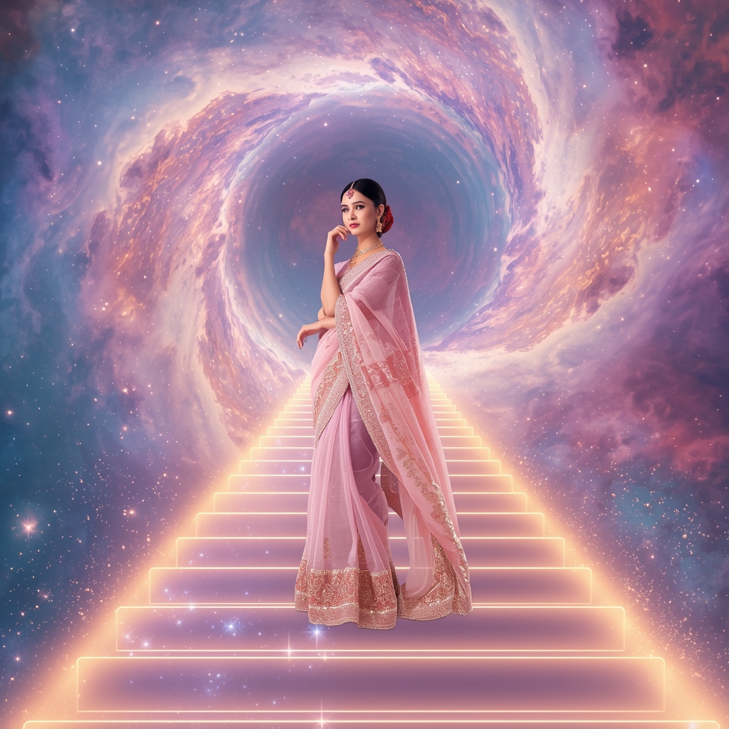 Festive Pastel Saree Infinite Cosmic Staircase Nebula Collage | Galaxy Structure Prompt | Saree Prompt Generator