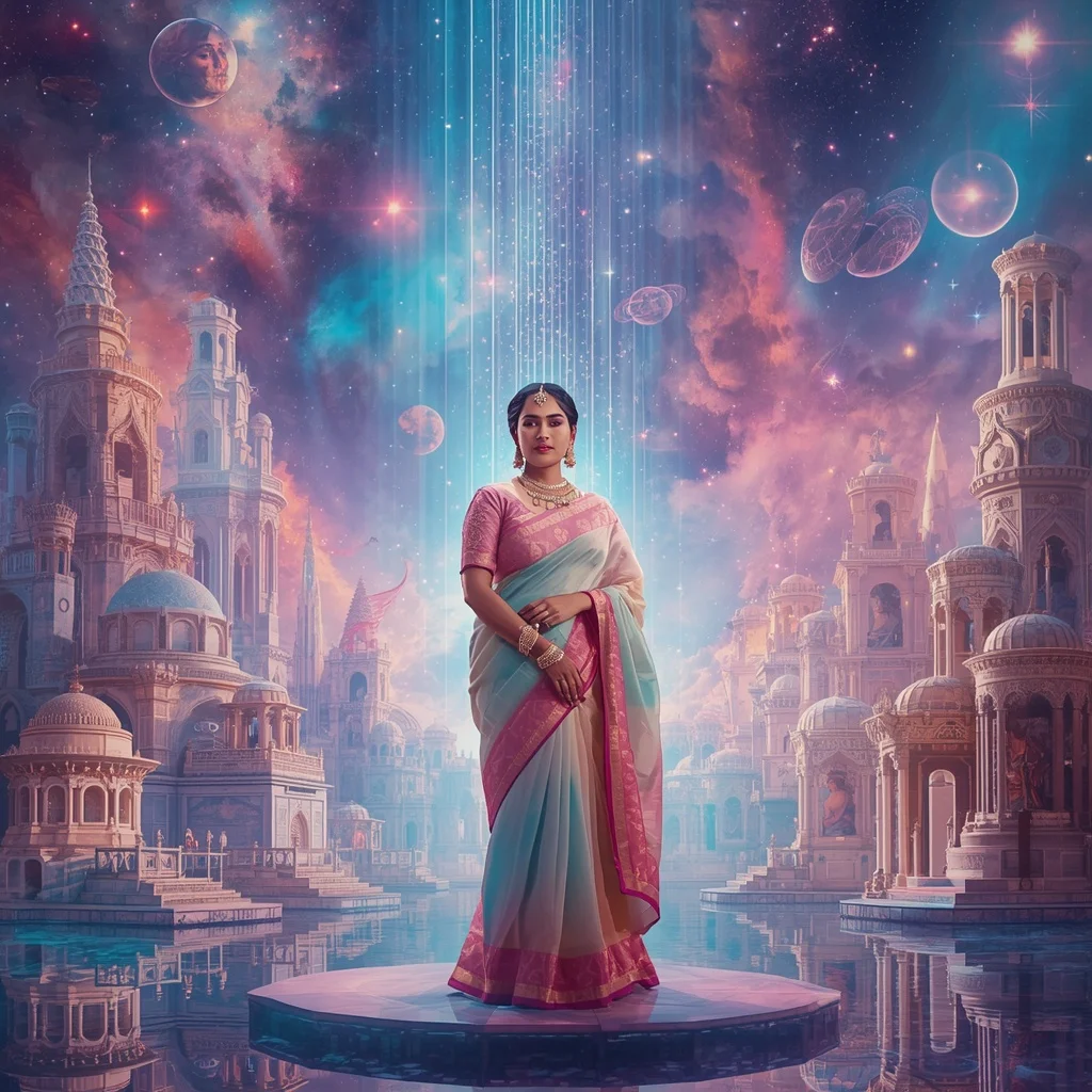 Festive Pastel Saree Infinite Crystal Aurora Celestial Pulse Infinity Reactor Collage Premium | Gemini Ai Prompt For Instagram