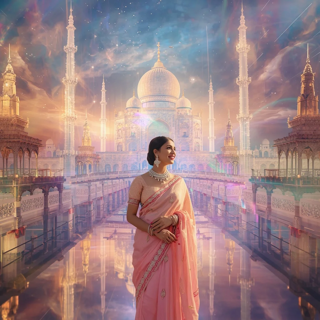Festive Pastel Saree Infinite Crystal Aurora Eternity Realm Collage Premium | Editing Prompt Girl Aesthetic
