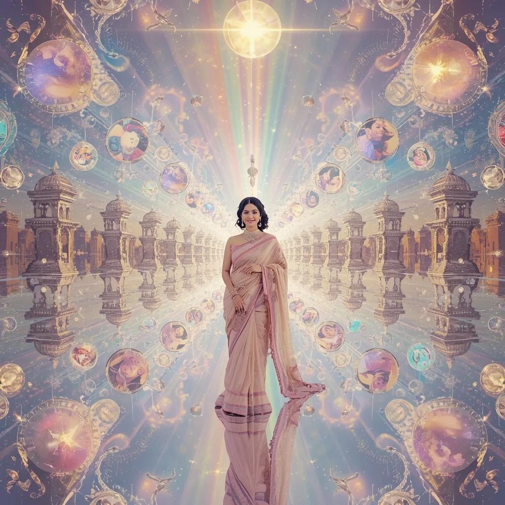 Festive Pastel Saree Infinite Crystal Celestial Dynasty Collage Luxury | Desi Girl Ai Prompt