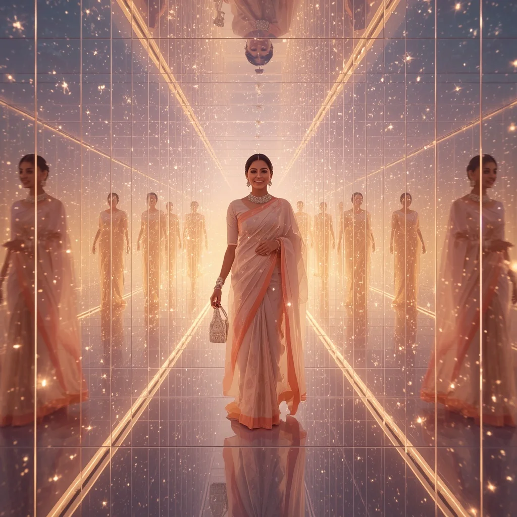 Festive Pastel Saree Infinite Crystal Galaxy Hallway Collage Luxury Cinematic | Ai Photo Editing Prompt