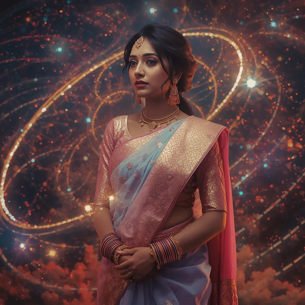 Festive Pastel Saree Infinite Light Orbit Celestial Fantasy Collage Premium Cinematic | Woman Pose Ai Prompt