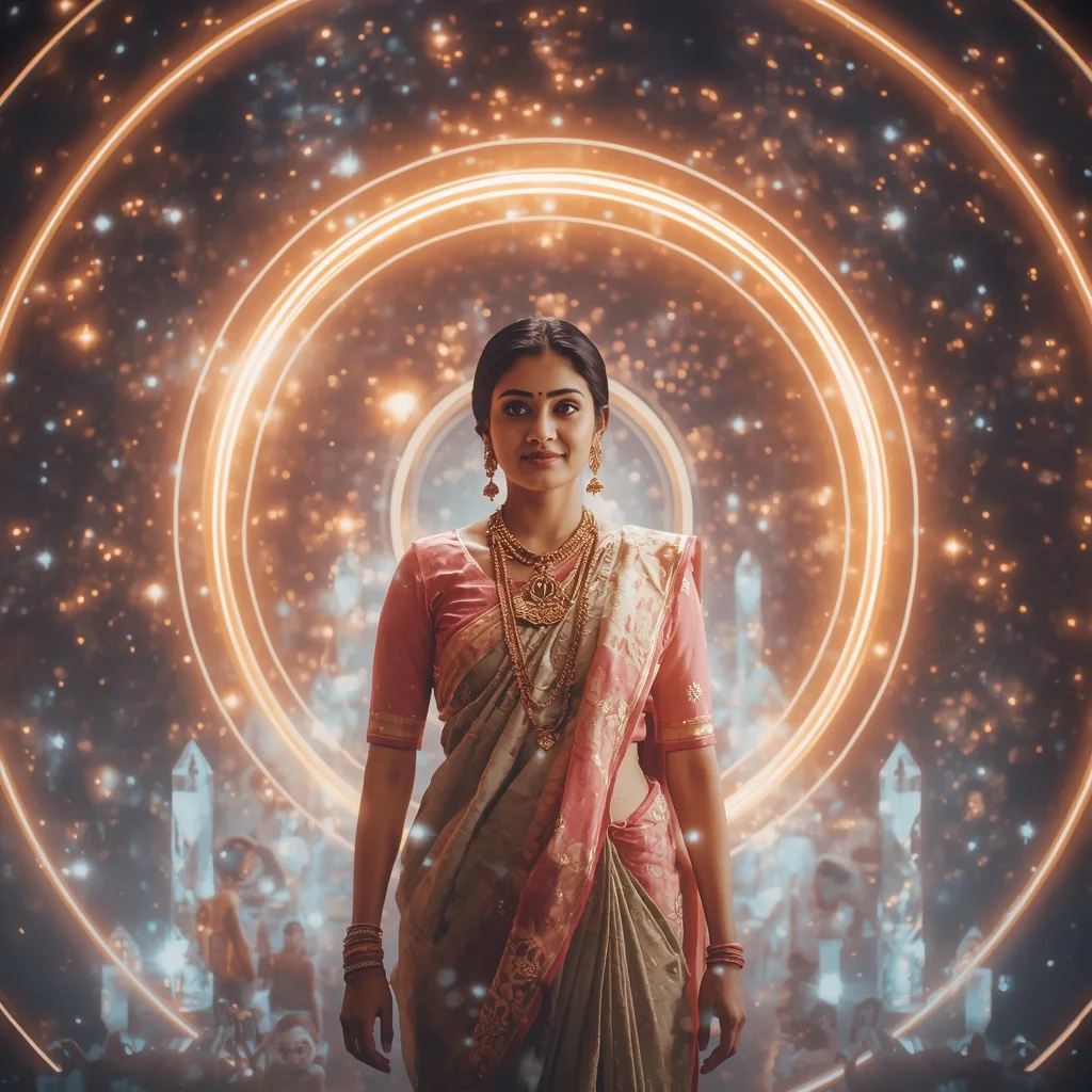Festive Pastel Saree Infinite Light Orbit Crystal Empire Collage Premium Cinematic | Prompt Seen Girl Lehenga
