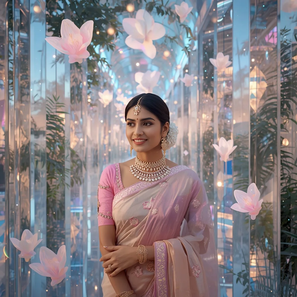 Festive Pastel Saree Infinite Prism Celestial Conservatory Collage Premium Cinematic | Fashion Ai Prompt