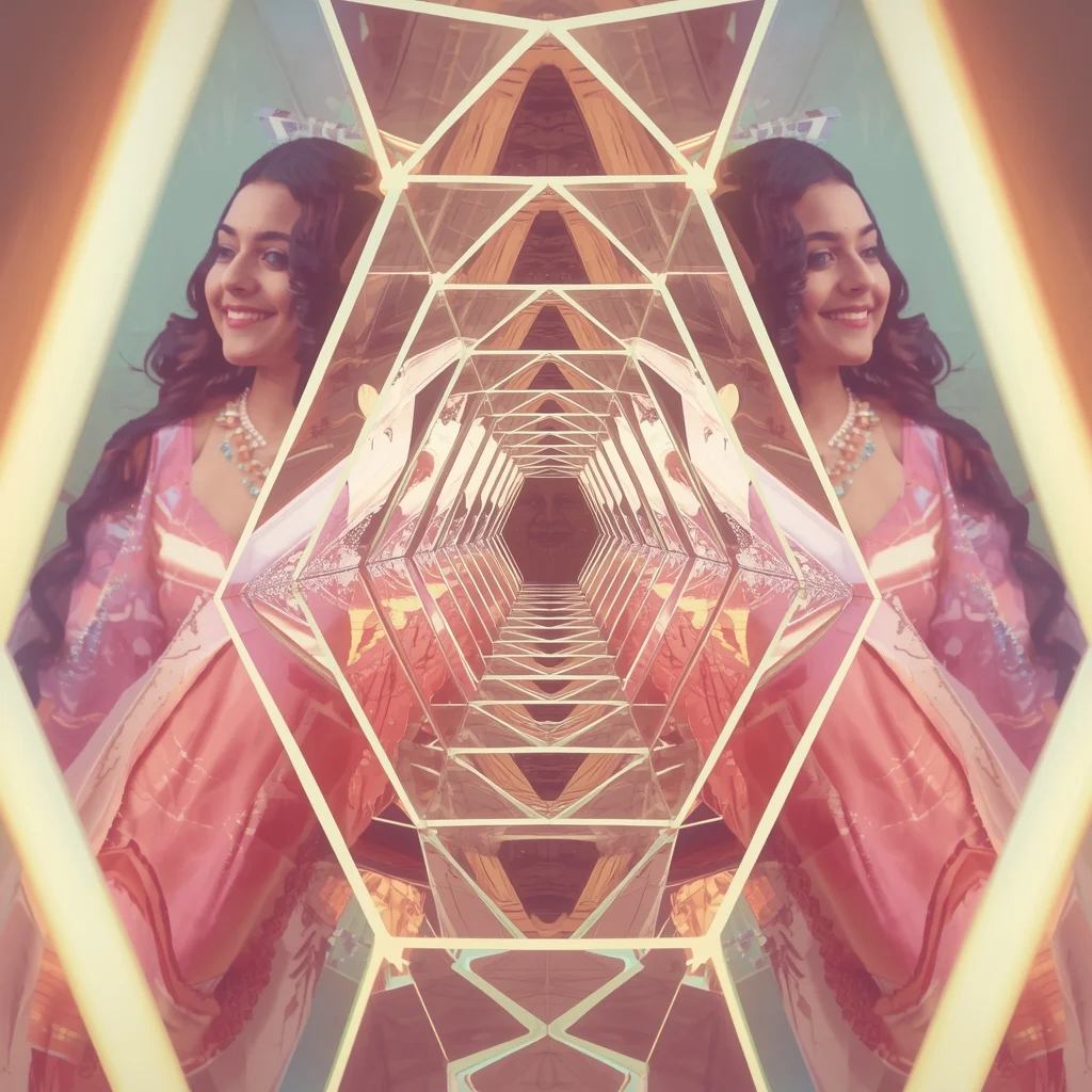 Festive Pastel Saree Infinite Reflection Prism Tunnel Collage Modern Cinematic | Cinematic Saree Ai Prompt