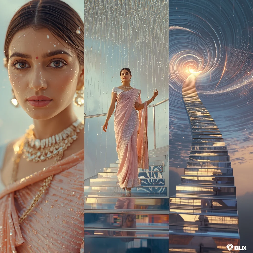Festive Pastel Saree Infinite Ripple Prism Mirror Vortex Crystal Stair Collage | Sky Magnetic Reflection Prompt | Saree Prompt Generator