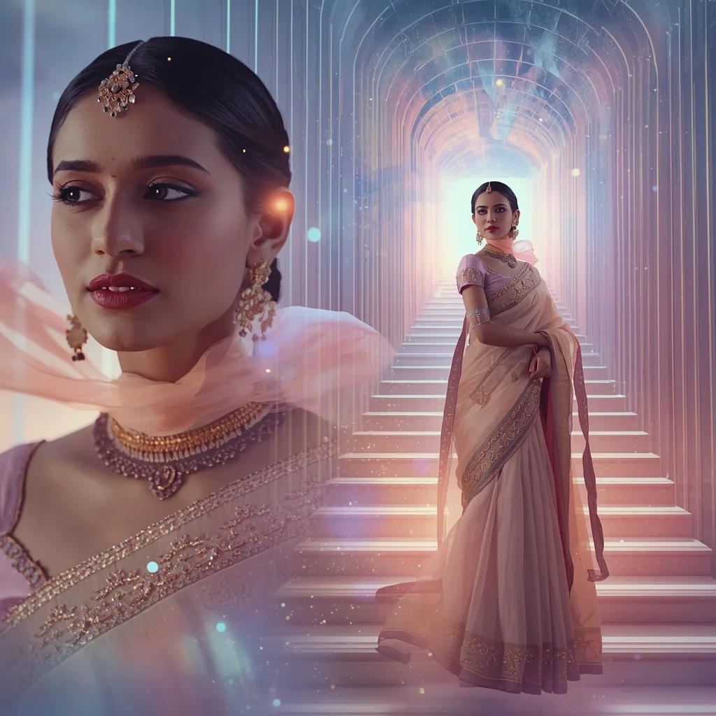 Festive Pastel Saree Infinite Stair Nebula Cage Collage | Cosmic Structure Prompt | Traditional Saree Prompt For Girl Images