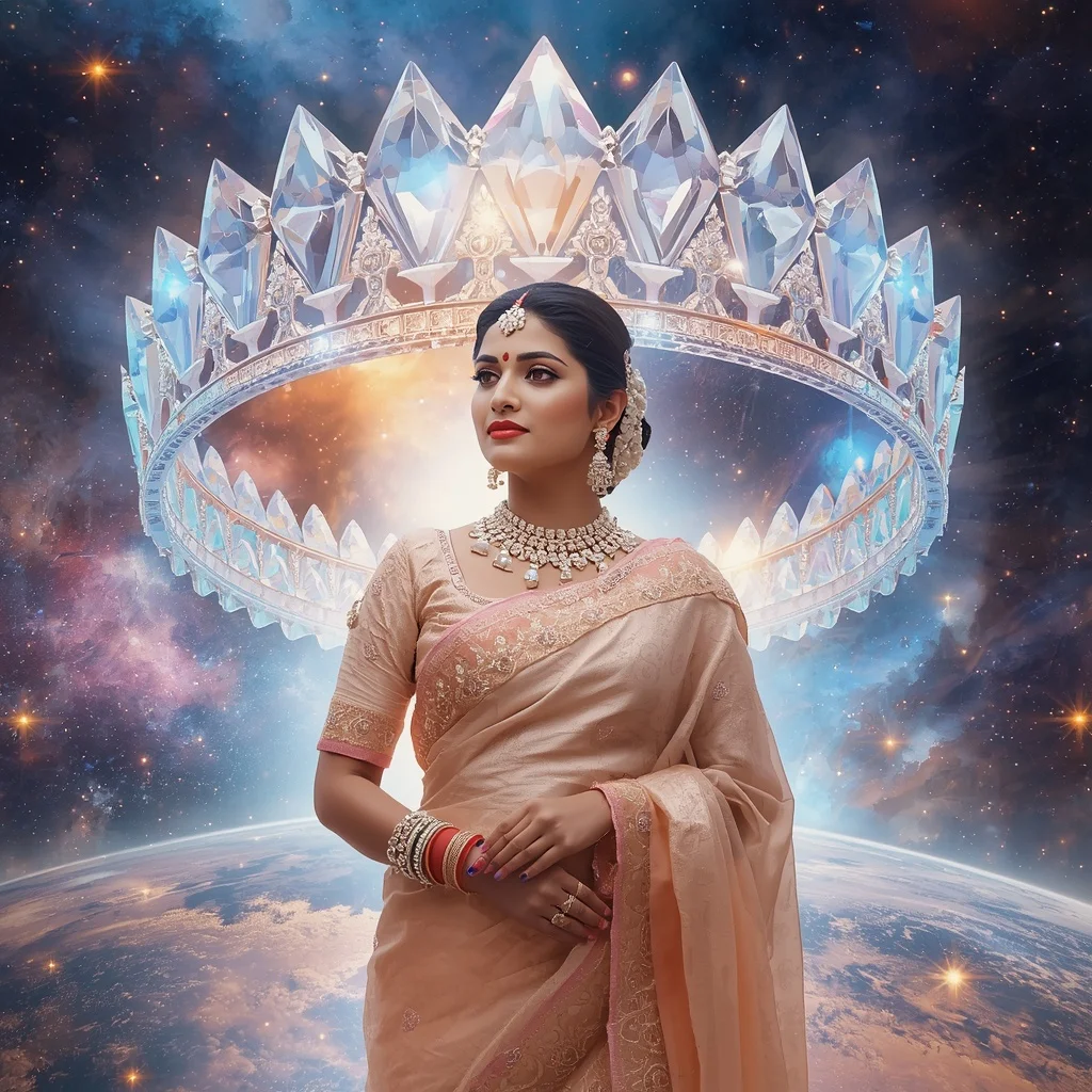 Festive Pastel Saree Infinity Crystal Crown Multiverse Collage | ChatGPT Photo Editing Prompts For Girl